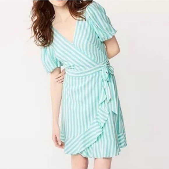 DRAPER JAMES Linen Blend Puff Sleeve Wrap Dress In Blue/white Striped.Size S NWT - Picture 3 of 15